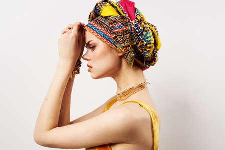 pretty woman multicolored turban ethnicity fashion posing