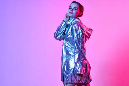 pretty woman makeup silver jacket luxury glamor pink background