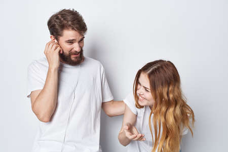 camera in white t-shirts communication family love
