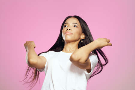 attractive african woman long hair makeup posing