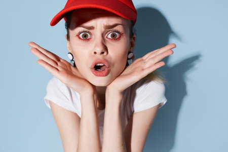 surprised girl in a red cap bright makeup decoration fashion summerの写真素材