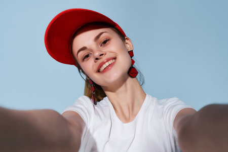 girl red cap fashion clothes posing summer lifestyle