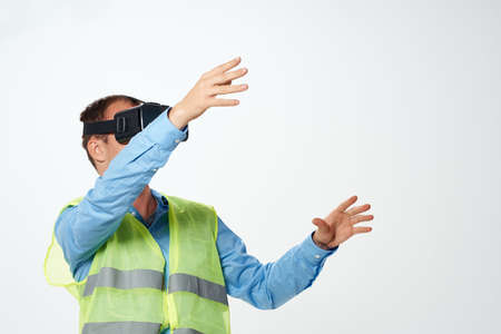 construction worker in working form blueprints virtual reality glasses construction
