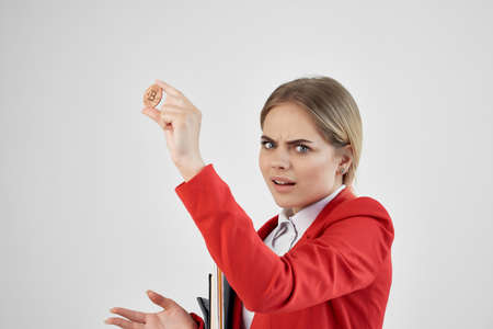 Business woman in red jacket cryptocurrency bitcoin economy respect technology