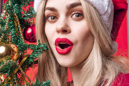 pretty woman with bright makeup christmas holiday pink background decoration toysの写真素材