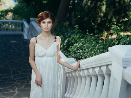 Woman in white dress posing parks nature summer Greeceの写真素材