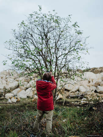 Photographer near tree stones landscape fresh air nature. High quality photo