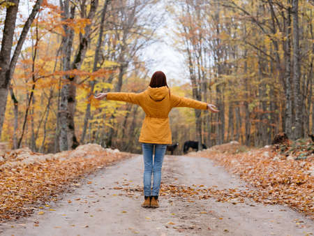 woman walking in nature autumn trees road cloudy weather