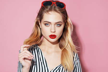 attractive woman striped shirt luxury self confidence modelの写真素材