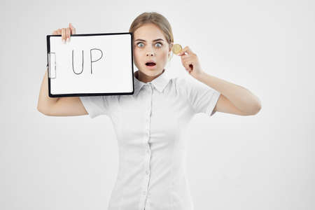 emotional woman card currency bitcoin raising up virtual moneyの写真素材