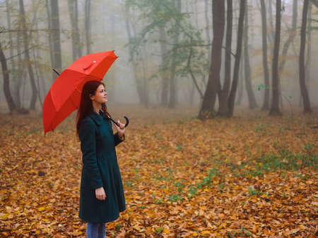 woman with red umbrella autumn forest nature fresh airの写真素材