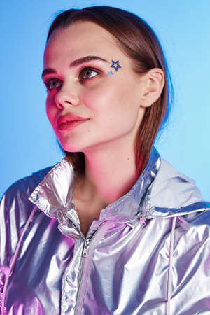 pretty woman silver jacket fashion modern style discoの写真素材