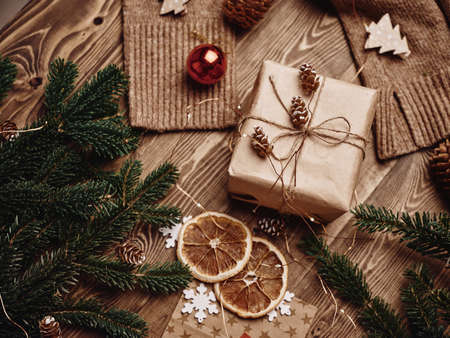 Christmas gift decoration wooden backgroundの写真素材