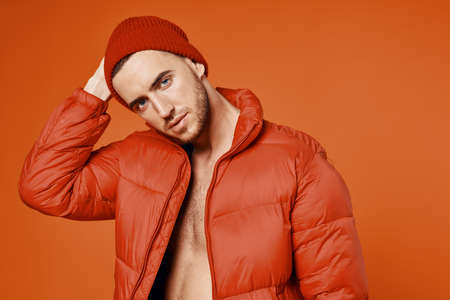 fashionable man in red jacket body studioの写真素材