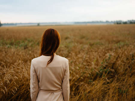 woman in dress in the field nature agriculture freedomの写真素材