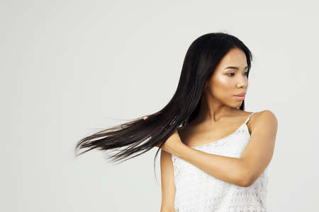 attractive african woman dark hair posing cosmetics