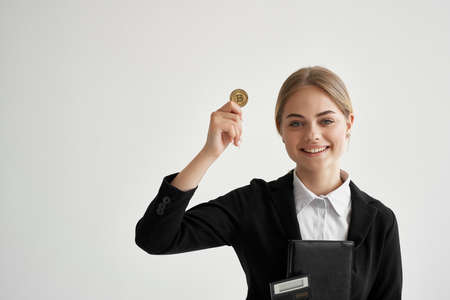 Business woman on cryptocurrency bitcoin financial internet technology electronic money