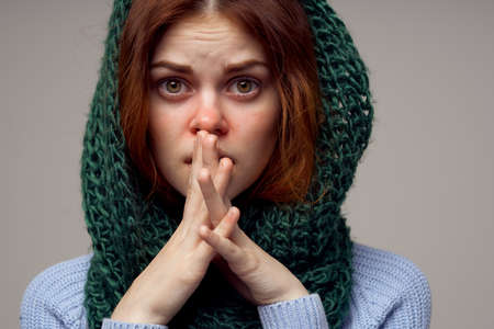 sick woman cold red nose disorder isolated background