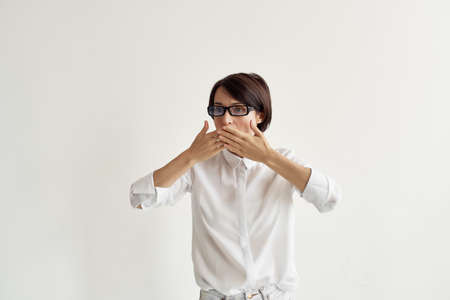 brunette in white shirt business woman secretaryの写真素材