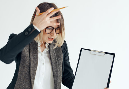 Business woman wearing glasses documents work advertisementの写真素材
