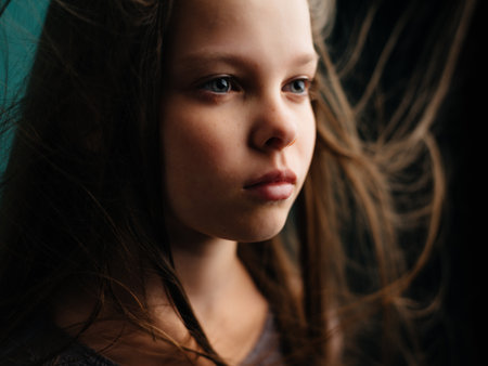 Girl in dress posing sad look loneliness depressionの写真素材