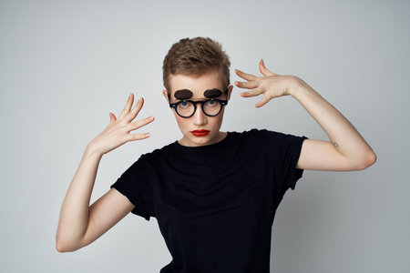 pretty woman black T-shirt modern style isolated backgroundの写真素材