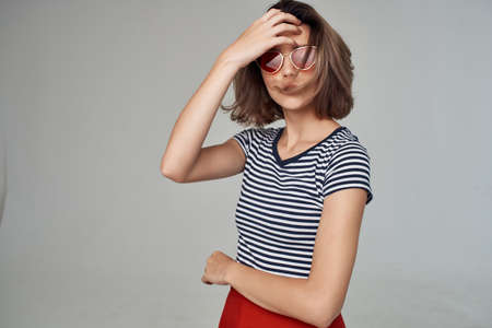 woman in a striped T-shirt cropped view glamorの素材 [FY310174121623]