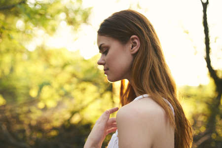 pretty woman outdoors nature leisure lifestyle green leaves