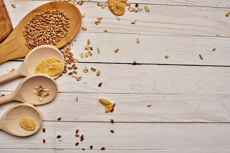 wooden kitchen items food muesli view from aboveの写真素材