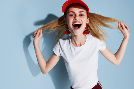 cheerful girl in white t-shirt decoration fashion summer styleの写真素材