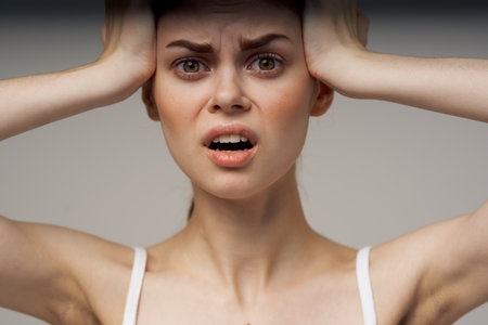 disgruntled woman depression symptoms headache isolated background
