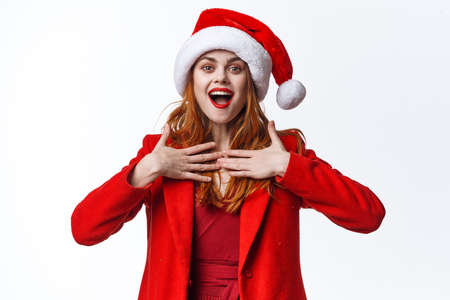cheerful woman dressed as santa fun holiday fashion christmas