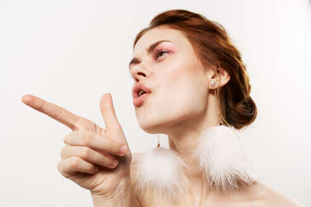 glamorous woman bright makeup decoration naked shoulders close-upの写真素材