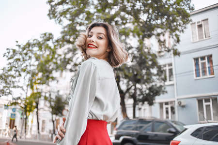 pretty woman summer park walk vacation posing entertainmentの写真素材