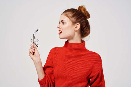 woman Red lips attractive look isolated backgroundの写真素材