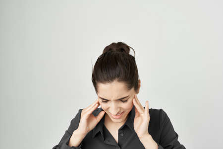 unhappy woman dental problems emotions depression light backgroundの写真素材