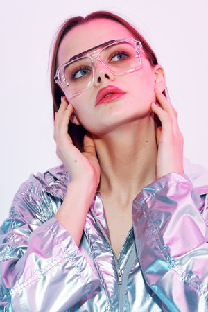 pretty woman fashionable clothes modern style disco isolated background