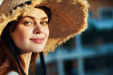 woman in straw hat on island summer travel vacationの写真素材