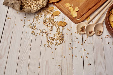 wooden tableware healthy breakfast view from aboveの写真素材