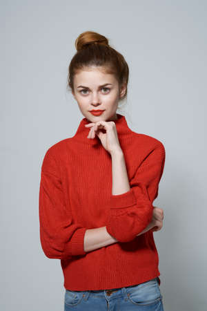 fashionable woman Red lips posing isolated backgroundの写真素材