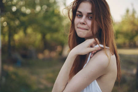pretty woman summer countryside Sun freedomの写真素材