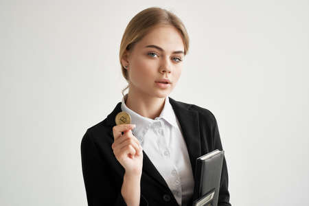 financier with documents in the hands of finances isolated backgroundの写真素材