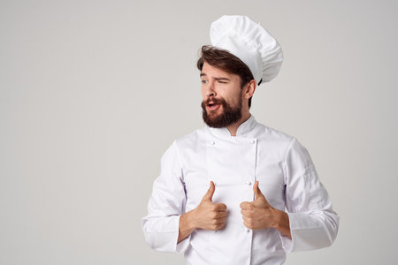 Man restaurant service Professional hand gesture light backgroundの写真素材