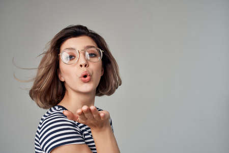 woman in a striped T-shirt cropped view glamorの写真素材
