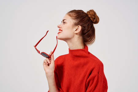 pretty woman hand gesture isolated backgroundの写真素材