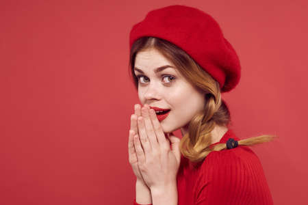 pretty woman with pigtails fun Red lips luxury studio posingの写真素材