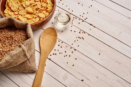 wooden tableware breakfast Ingredients kitchen view from aboveの写真素材