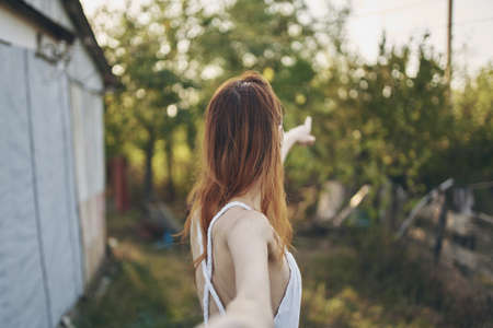 woman in white dress summer countryside Sun freedom