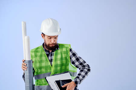 engineer with documents and drawings blueprints studio industryの写真素材