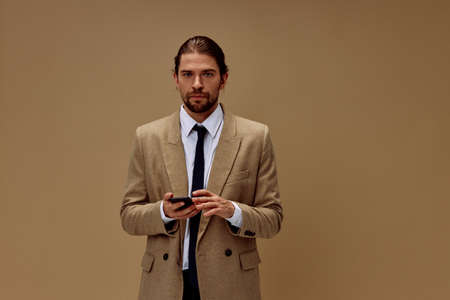 businessman emotional man in suit gesture with hands isolated backgroundの写真素材